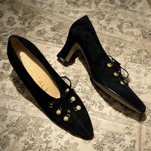 Vintage Black Leather Suede Lace Up Pointed Toe Heeled Heels 7.5 Grannie